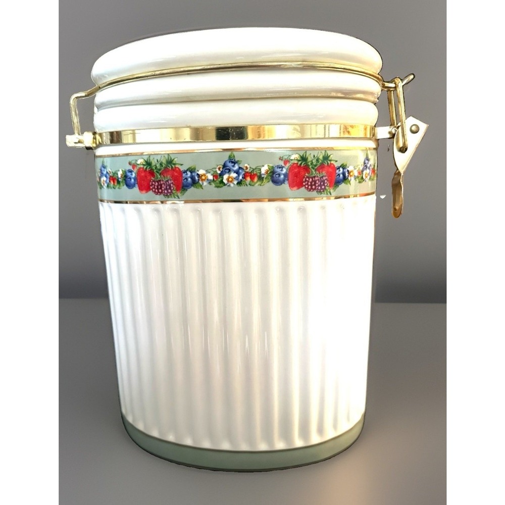 Vintage Knott's Berry Farm Large Oval Ceramic Canister Brass Style Hinged Lid